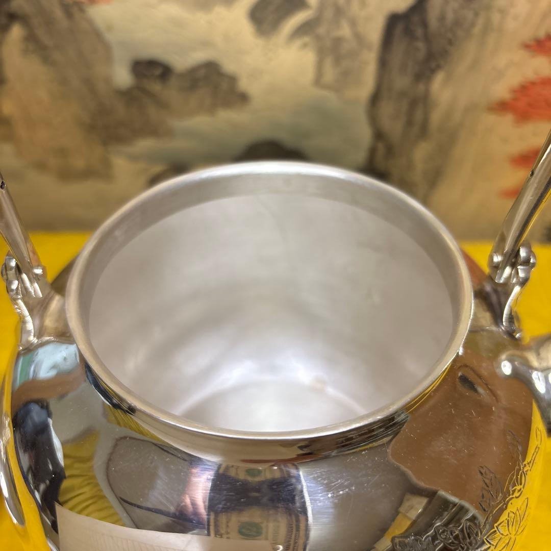 【中川净益】純銀花草彫 湯沸 銀瓶 煎茶道具