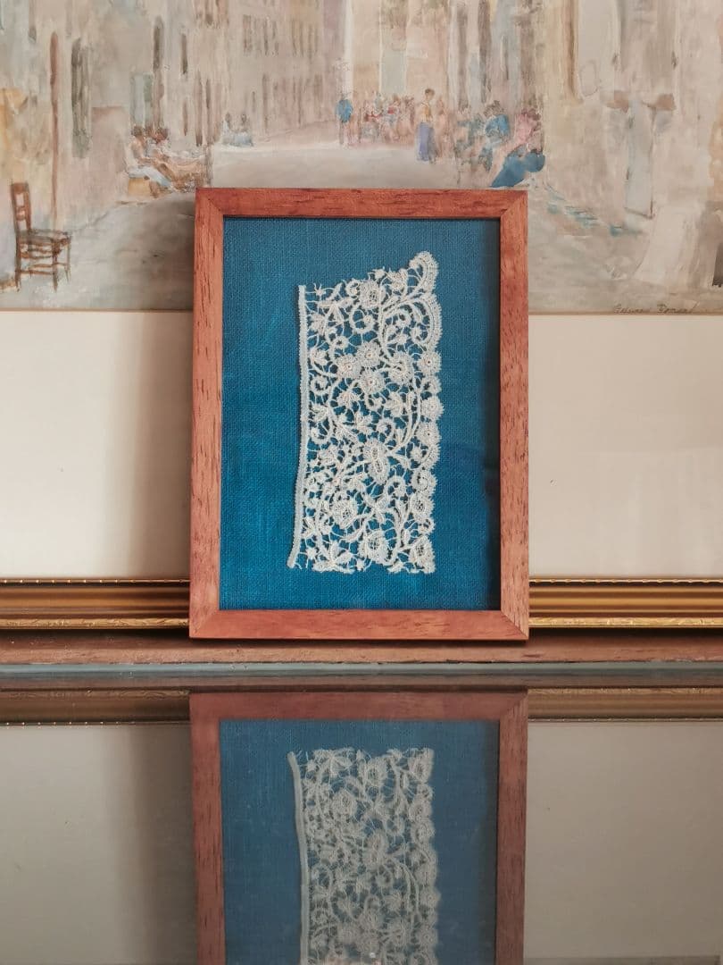 アンティークベルギー ロザリンペルレ 薔薇と小花のレース ニードル刺繍 額装品