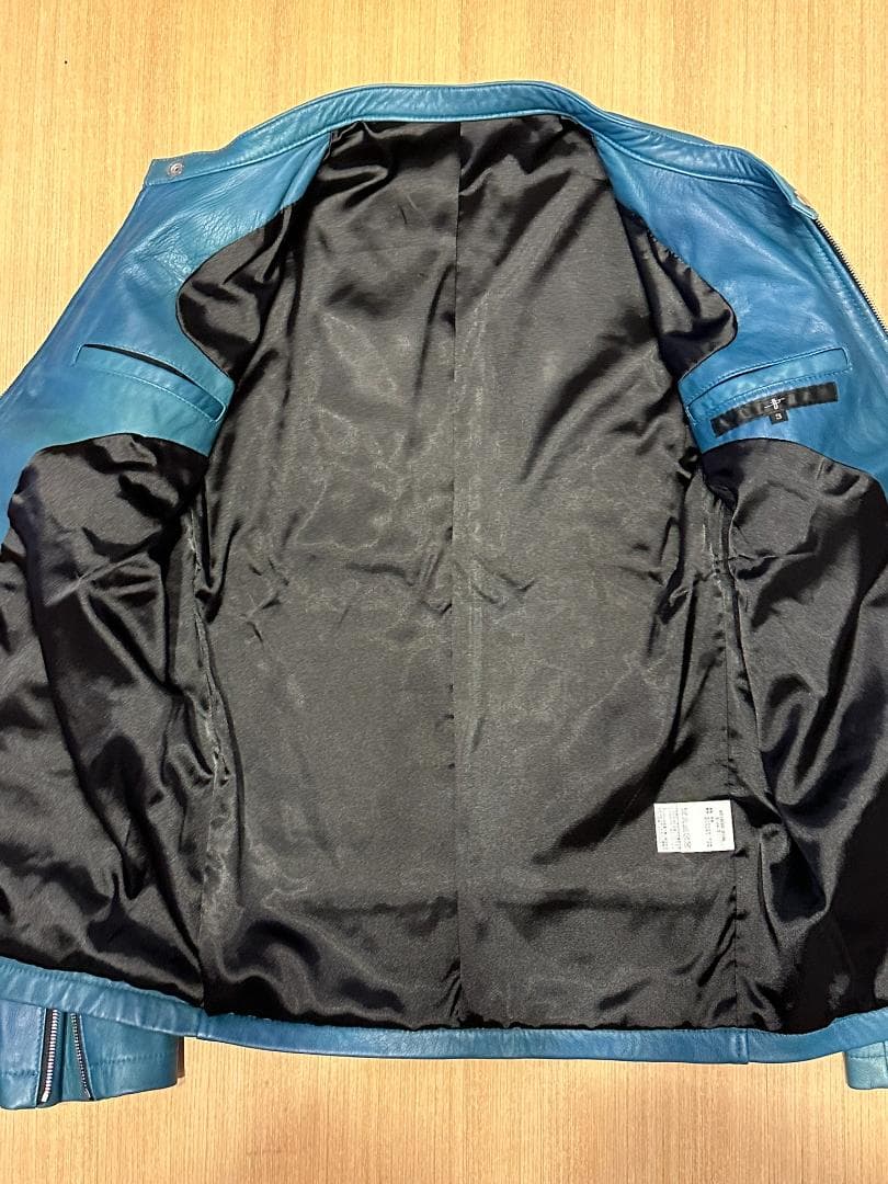 NO ID. 屋外未着用シープレザー ライダースJK ブルーグリーン WAX付