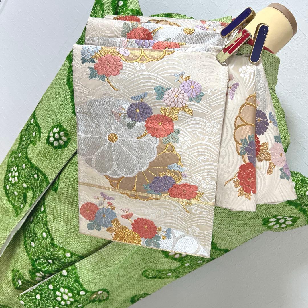 469 振袖フルセット 正絹 グリーン 緑 総絞り 駒刺繍 三越 百貨店 高級