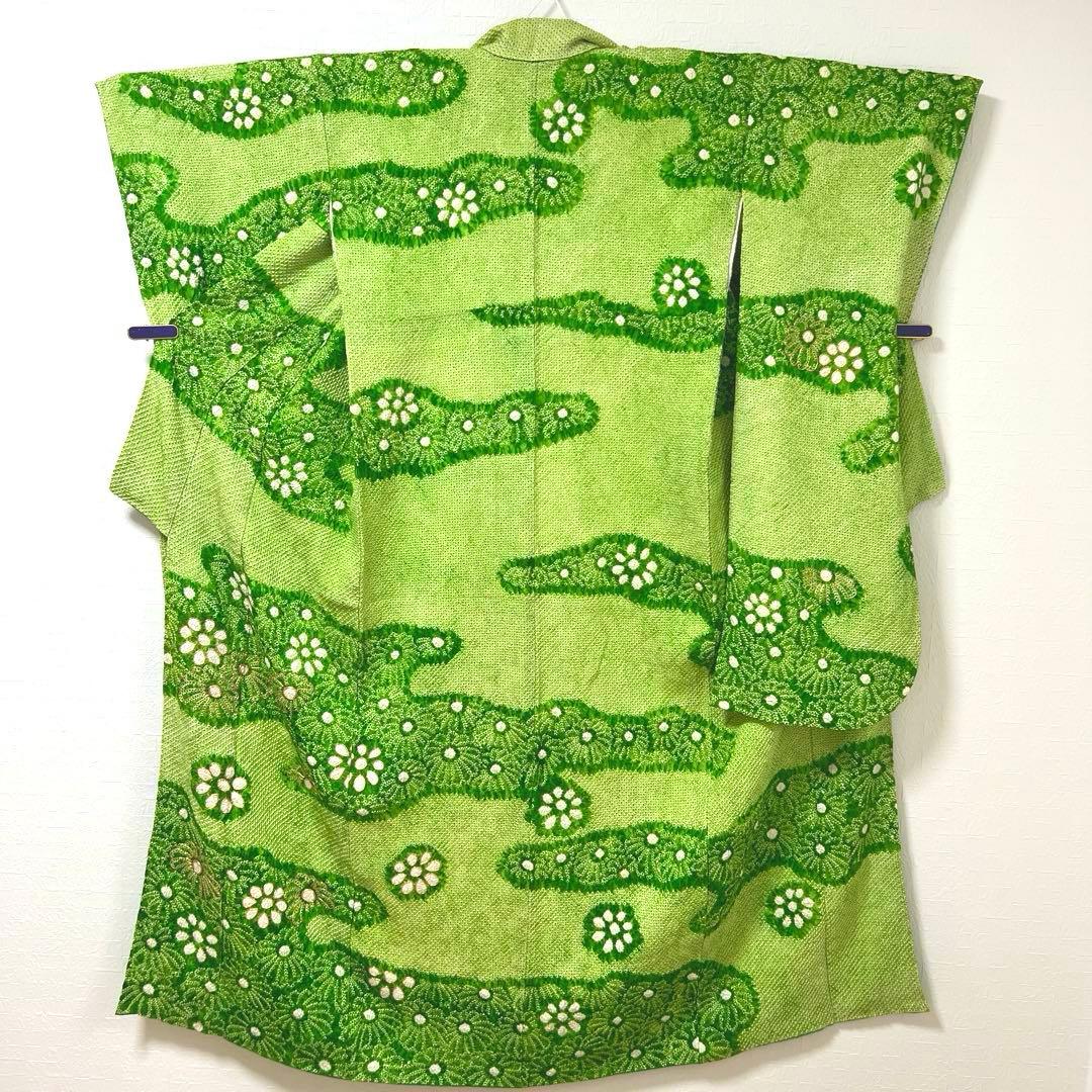 469 振袖フルセット 正絹 グリーン 緑 総絞り 駒刺繍 三越 百貨店 高級