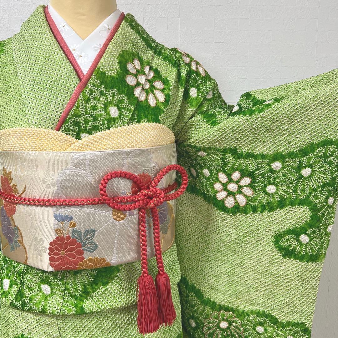 469 振袖フルセット 正絹 グリーン 緑 総絞り 駒刺繍 三越 百貨店 高級