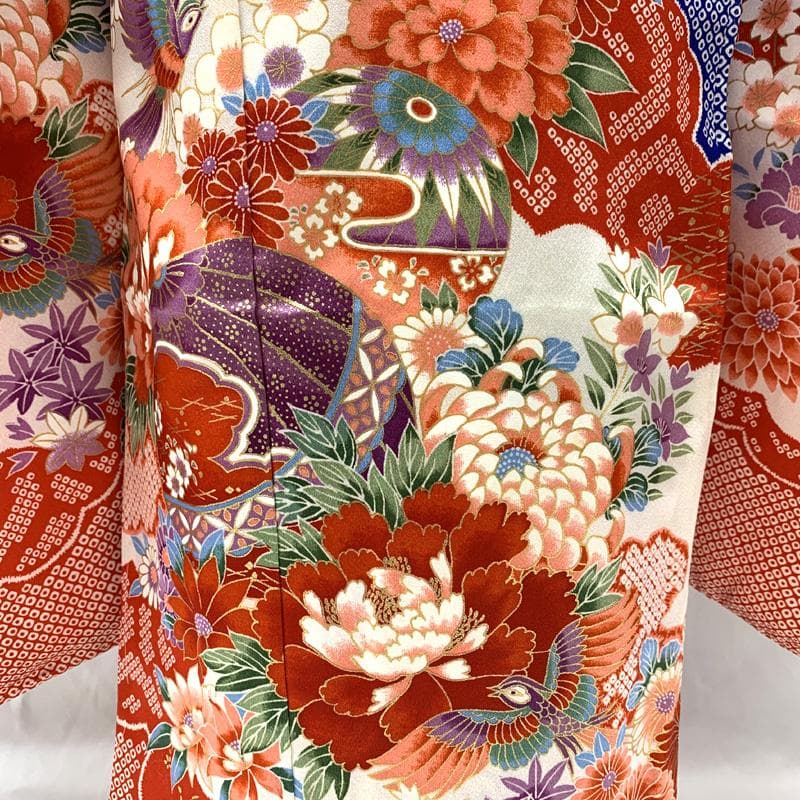 511ag13□七五三 七歳 女児 着物&袋帯&長襦袢 鹿の子 毬 花□美品