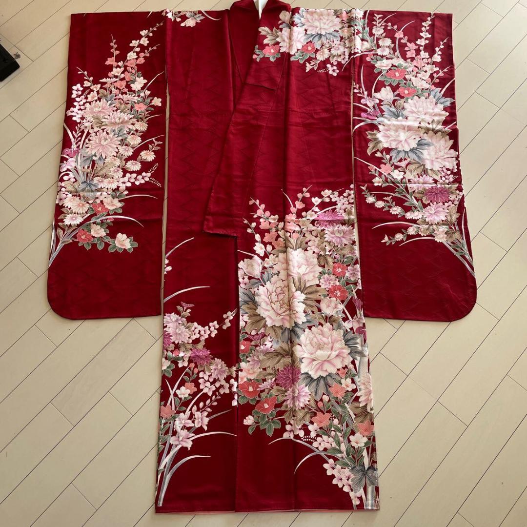 ■E4124■美品■紅海老茶色　花尽くし　京友禅　袷　振袖　丈166 裄68