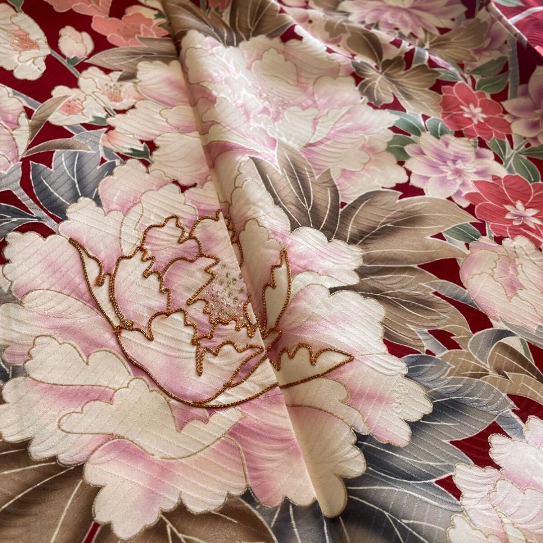 ■E4124■美品■紅海老茶色　花尽くし　京友禅　袷　振袖　丈166 裄68
