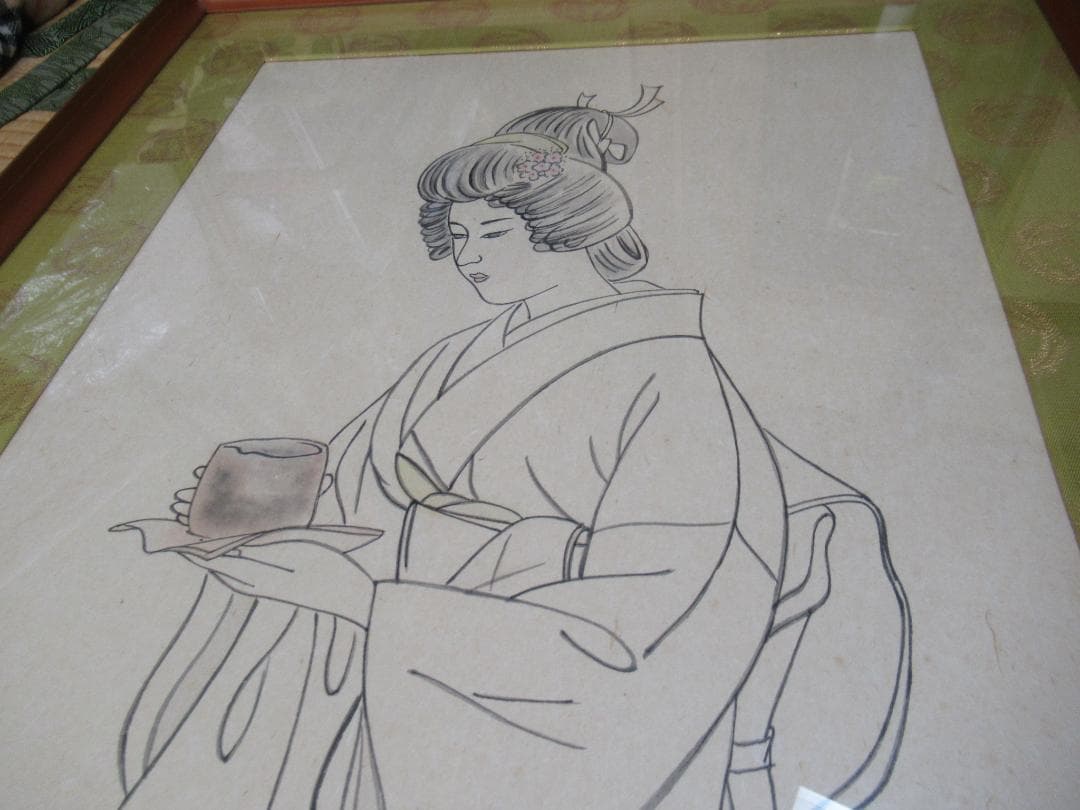 真作 美品 1950年代額装◆伊東深水 直筆「茶の湯」和紙 美人画素描 落款有り