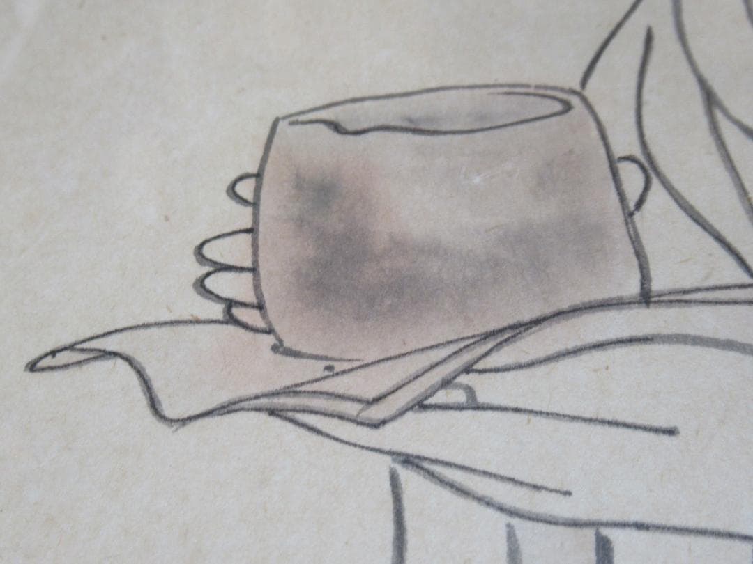 真作 美品 1950年代額装◆伊東深水 直筆「茶の湯」和紙 美人画素描 落款有り