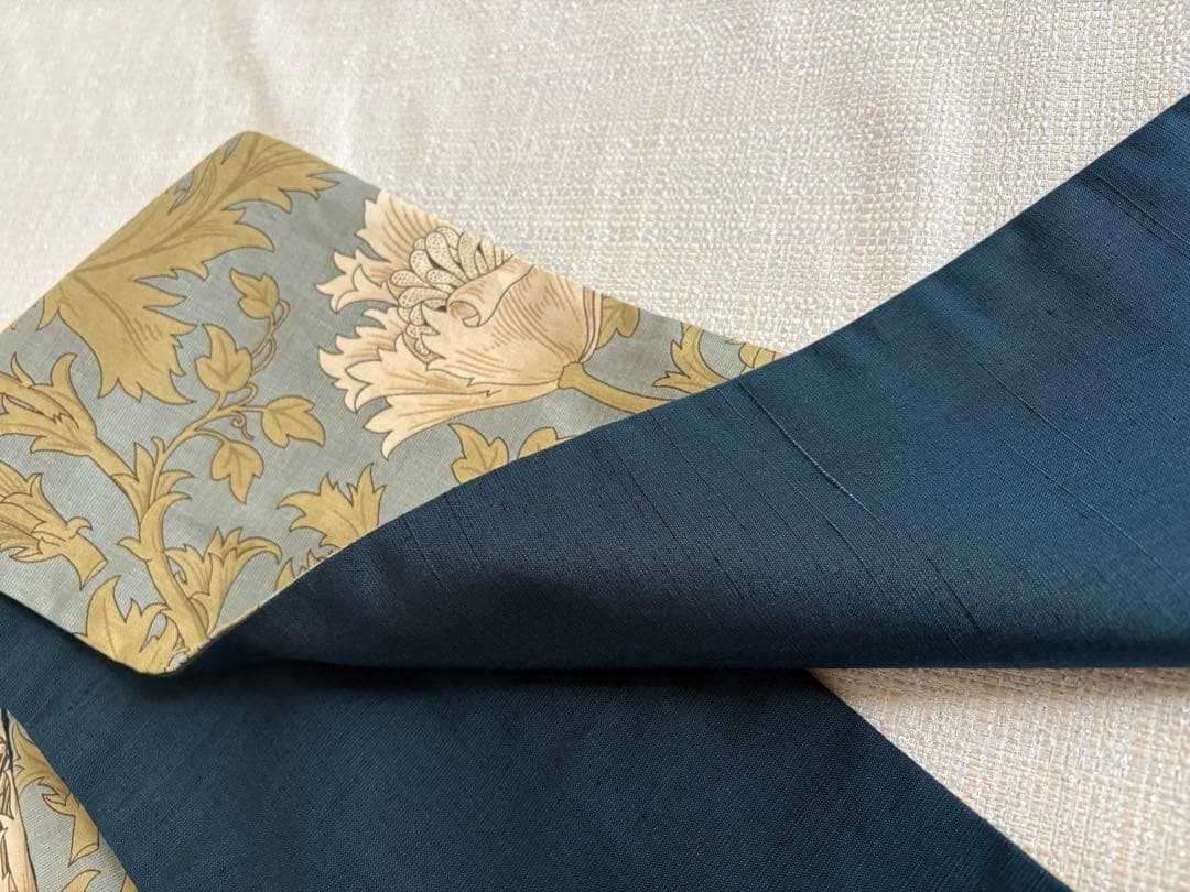 半幅帯　ウィリアムモリス　アネモネホワイト✖️正絹米沢紬　リバーシブル