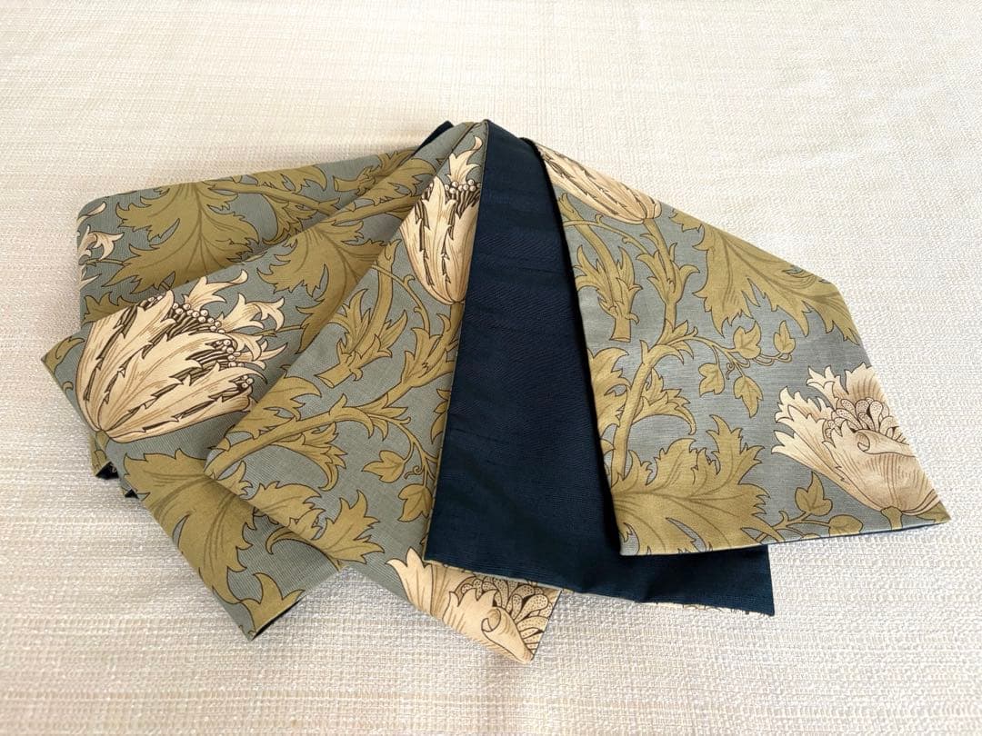 半幅帯　ウィリアムモリス　アネモネホワイト✖️正絹米沢紬　リバーシブル