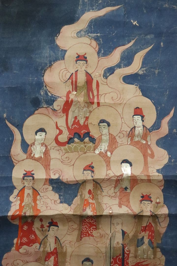 古い掛軸　十三佛　十三仏　仏画　版彩色　曼陀羅　幕末明治