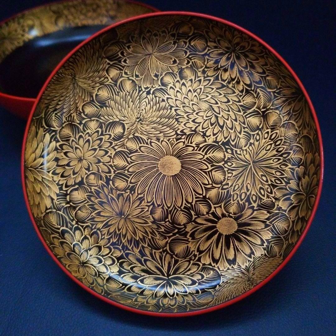 朱漆塗 見返し 総沈金 菊花紋詰 蓋付き 菓子椀 吸物椀 懐石椀 1客①