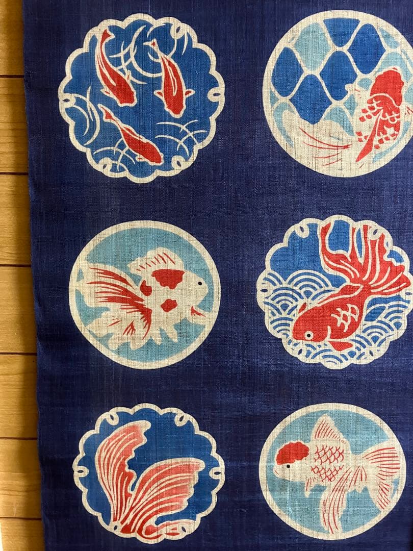 京都くろちく【新品】高級筒描麻暖簾「金魚紋」日本製♪150センチ♪29,700円