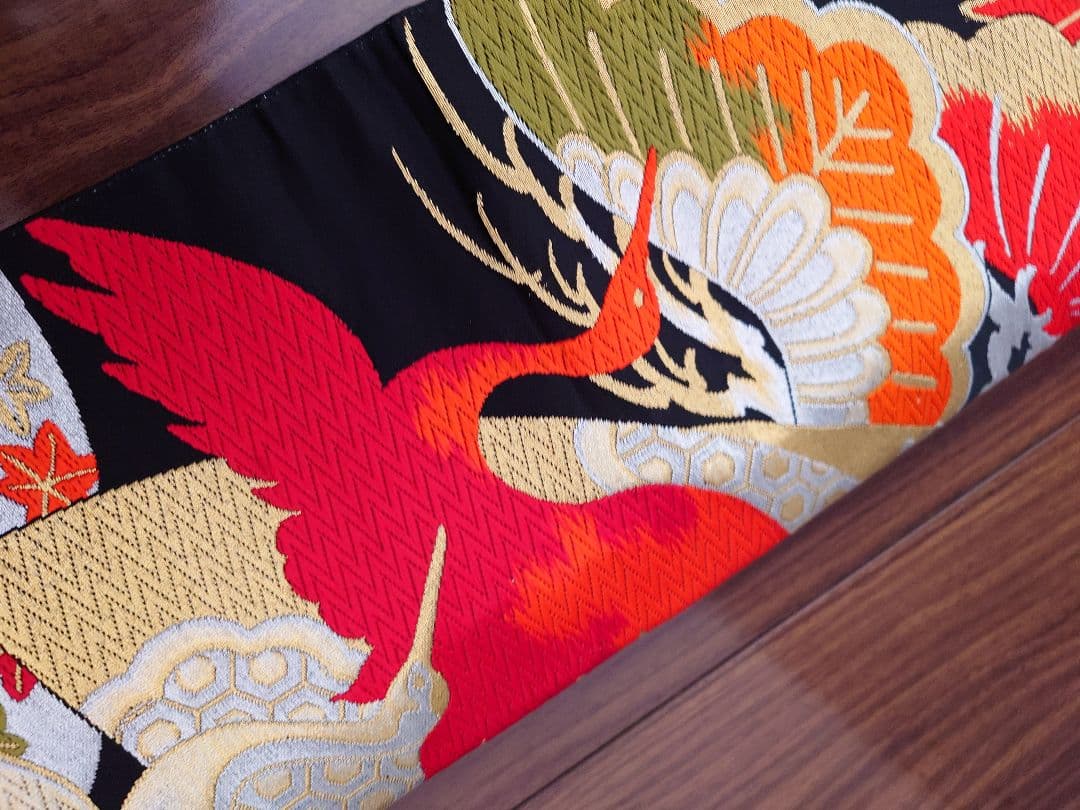 七五三　ハーフ成人式　ジュニア帯　大人用袋帯からの作り帯　鶴柄　1点物　黒