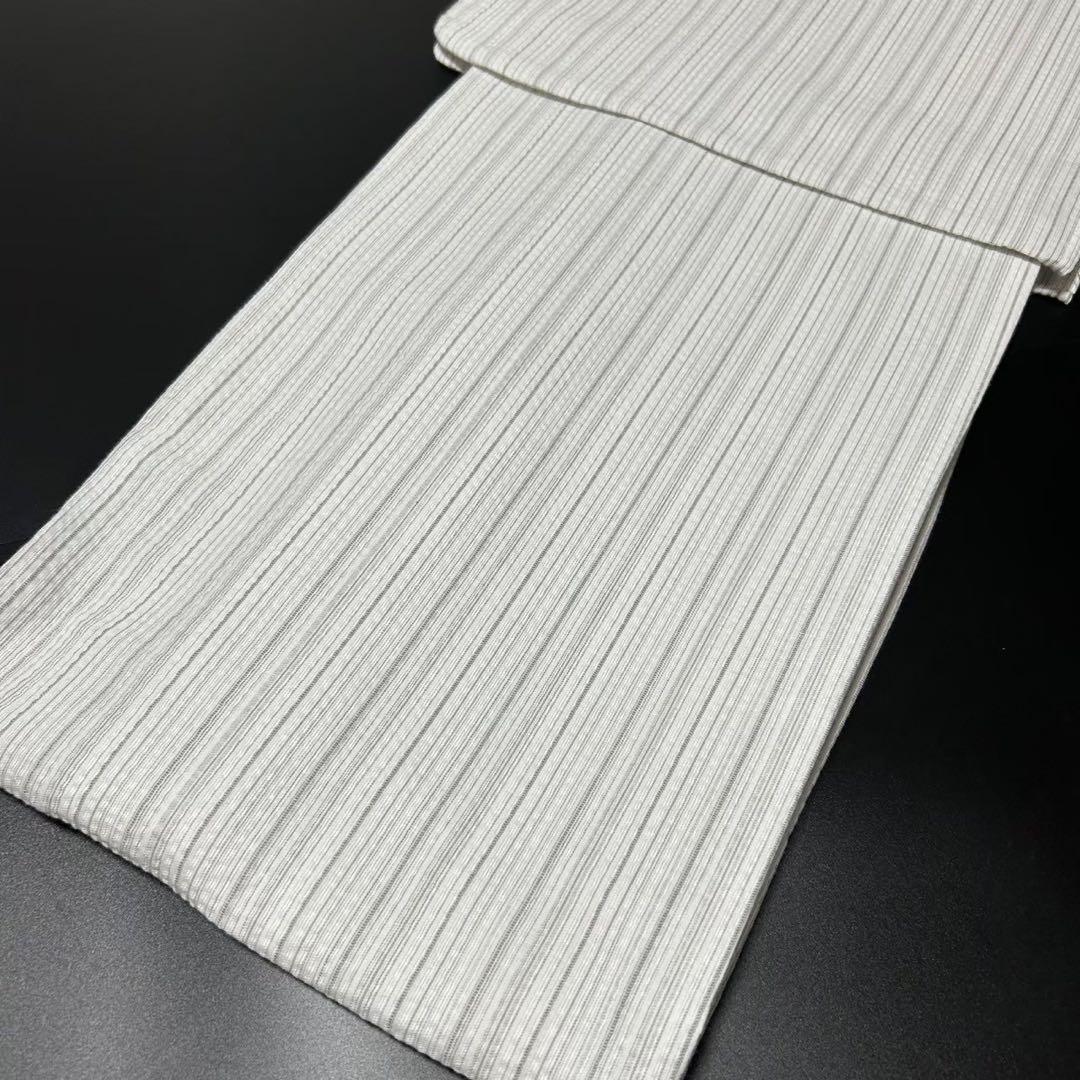 古典しじら織　浴衣　綿　粋な夏着物　縞柄　献上帯 半幅帯白　2点　0820⑨