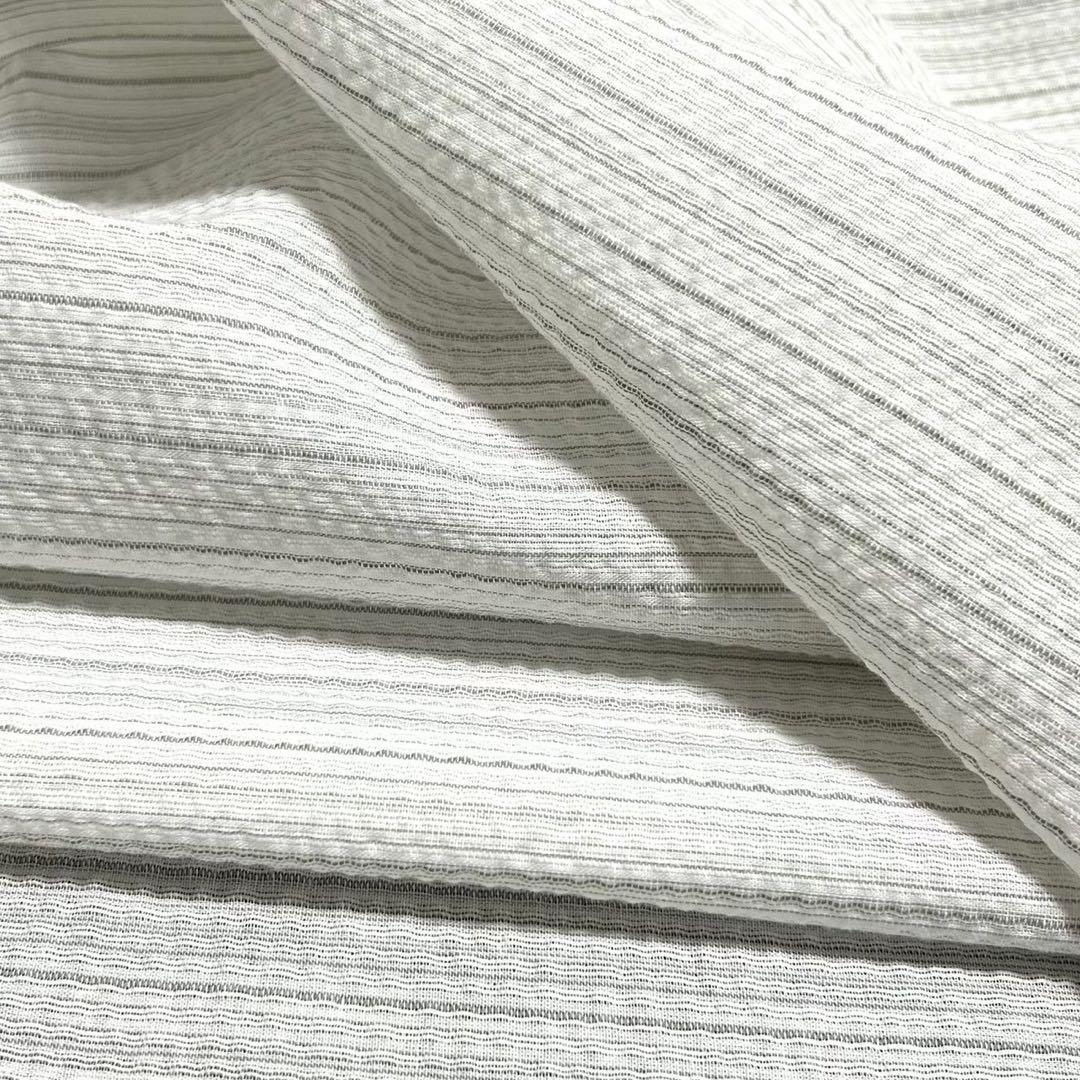 古典しじら織　浴衣　綿　粋な夏着物　縞柄　献上帯 半幅帯白　2点　0820⑨