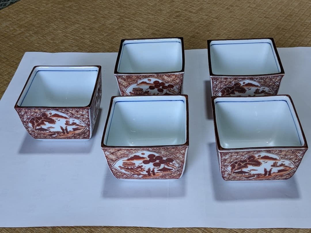 ♦有田焼 胡窯 赤絵 楼閣山水図 四方鉢 向付 九谷焼 茶道具 工芸品 骨董品