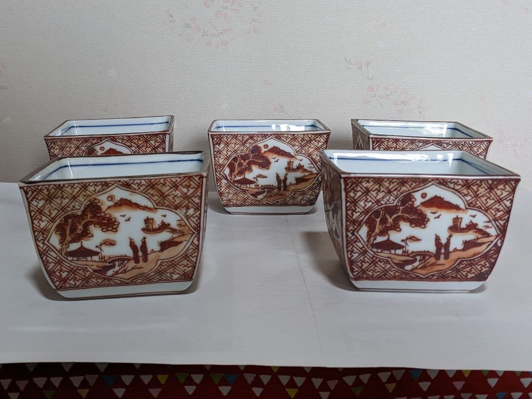 ♦有田焼 胡窯 赤絵 楼閣山水図 四方鉢 向付 九谷焼 茶道具 工芸品 骨董品