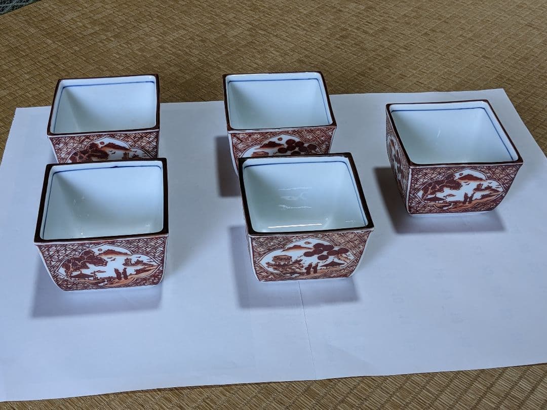 ♦有田焼 胡窯 赤絵 楼閣山水図 四方鉢 向付 九谷焼 茶道具 工芸品 骨董品