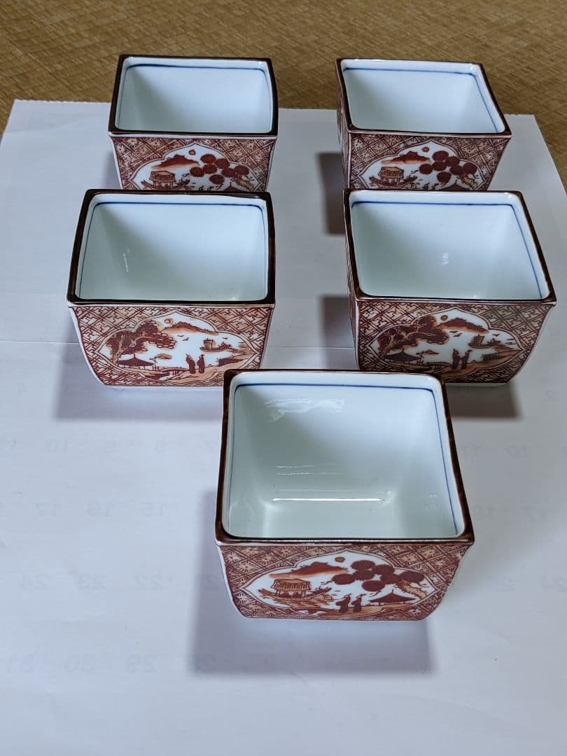 ♦有田焼 胡窯 赤絵 楼閣山水図 四方鉢 向付 九谷焼 茶道具 工芸品 骨董品