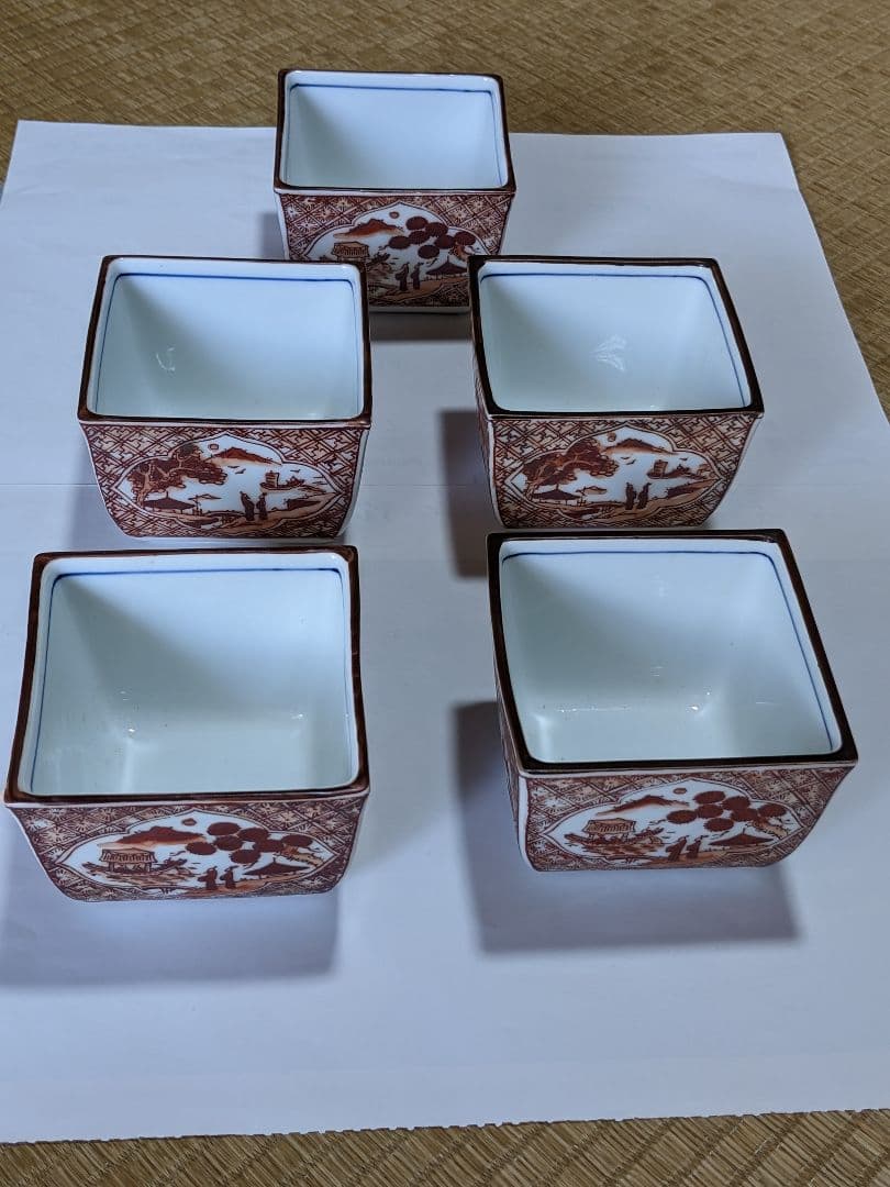 ♦有田焼 胡窯 赤絵 楼閣山水図 四方鉢 向付 九谷焼 茶道具 工芸品 骨董品