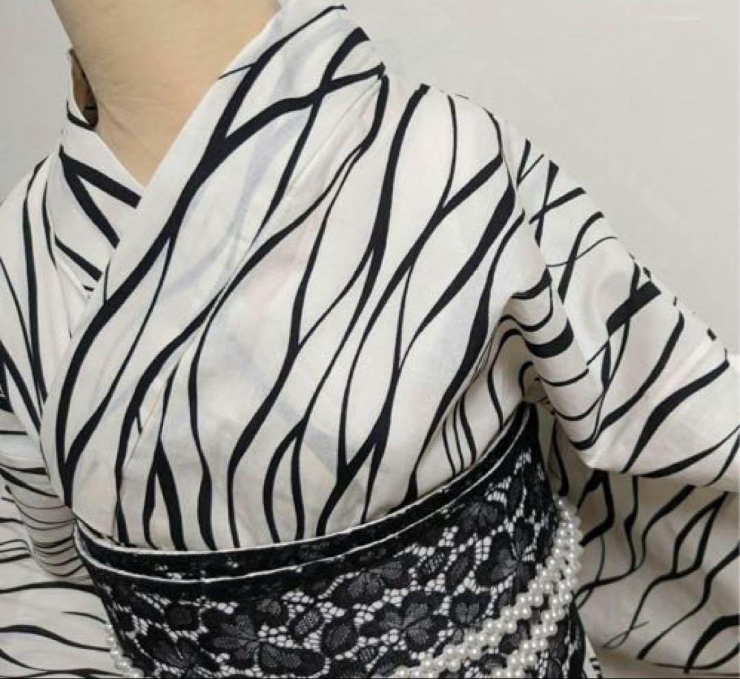 ゆかた Lサイズと、浴衣ようパール帯締めのセット ホワイト✖ブラック