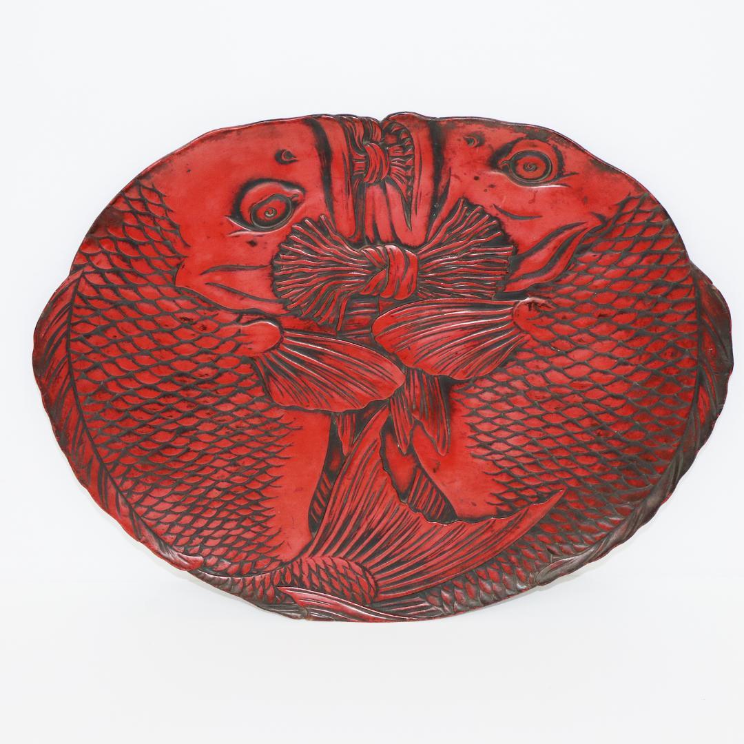 双鯛盆 漆器 木地 楕円盆 茶道具 鯉 箱付