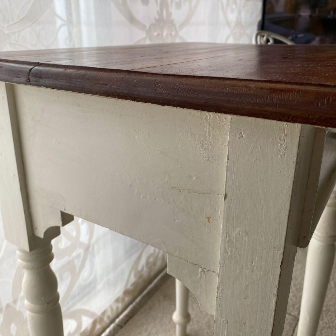 アンティーク　木製サイドテーブル 引き出し付き ホワイト