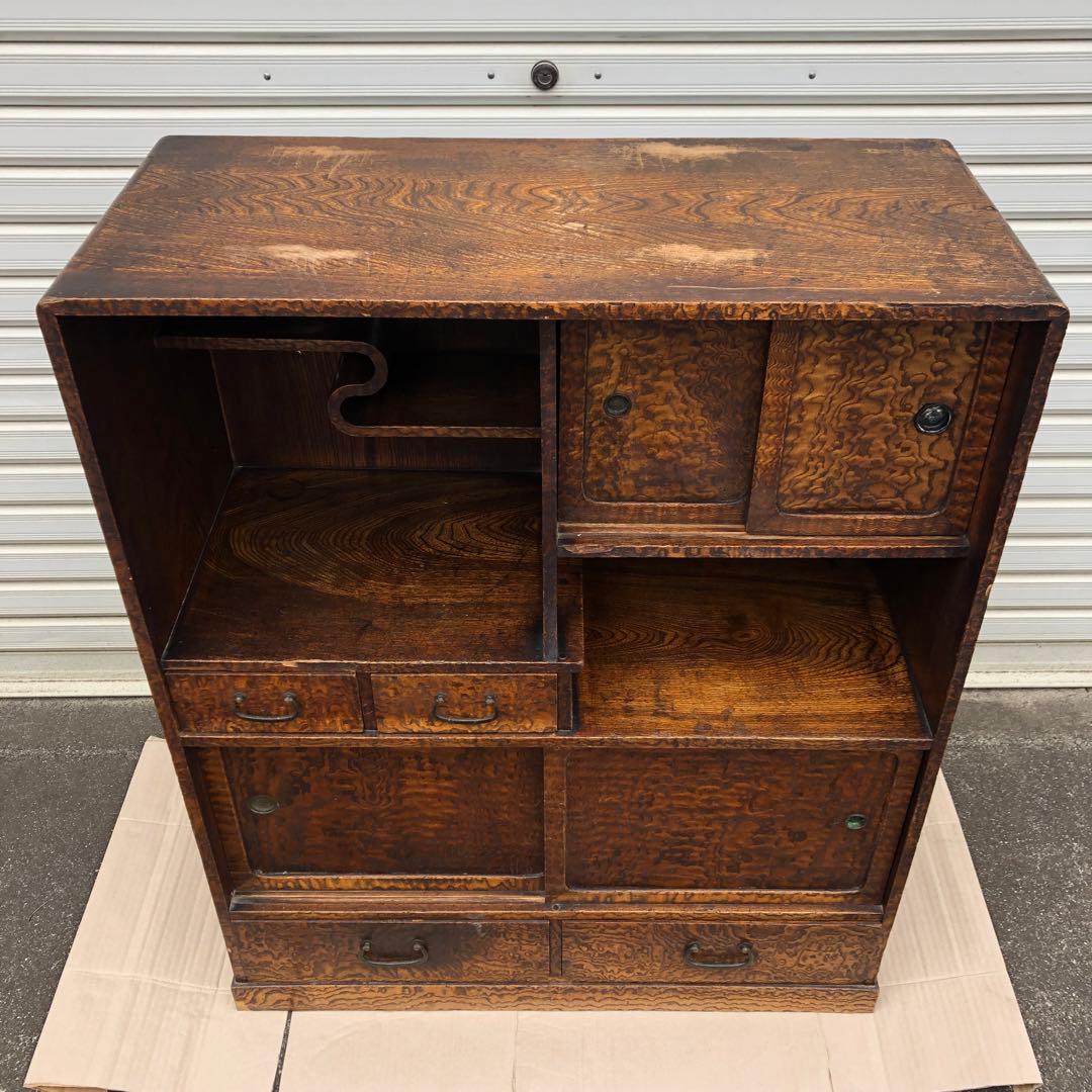 昭和レトロ 透し彫り無垢材 茶箪笥 飾り棚 サイドボード 古家具 ヴィンテージ