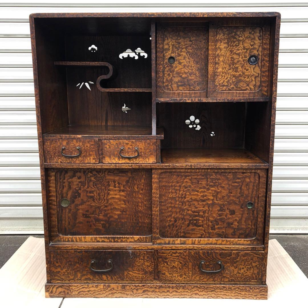 昭和レトロ 透し彫り無垢材 茶箪笥 飾り棚 サイドボード 古家具 ヴィンテージ