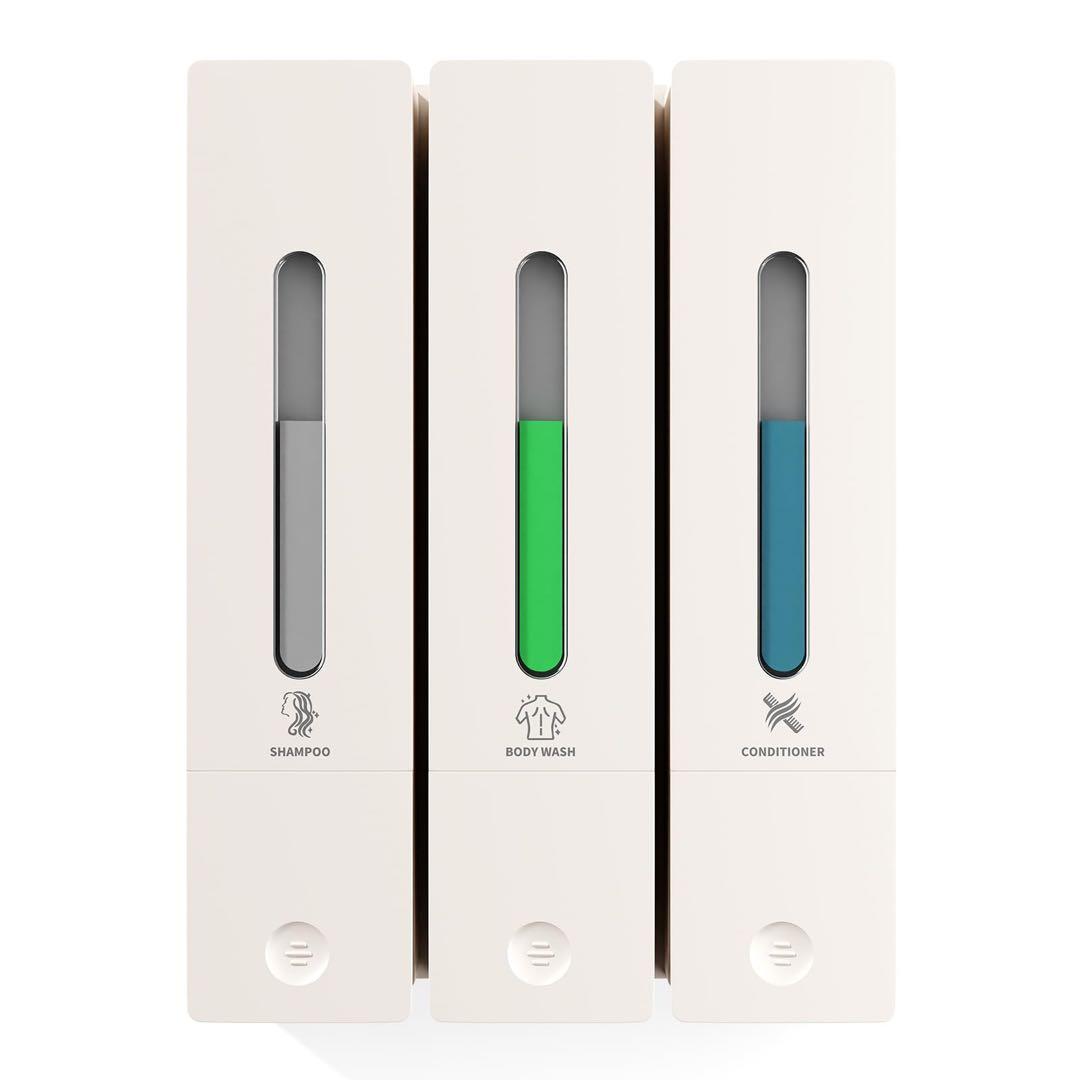 シャンプーボトル 3室　壁掛けタイプ 各400ML 残量確認　白