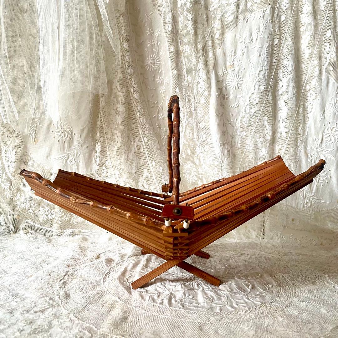 折り畳み式バンブーバスケット　パニエ　竹　北欧ヴィンテージ　デンマークかごカゴ籠