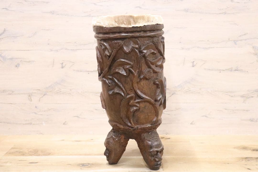 GMFH386○民族楽器 ドラム アフリカ 彫刻 トム 本革 オブジェ 美術品