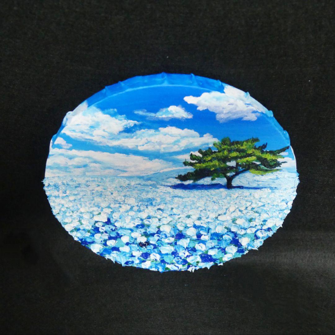 油絵 油彩 油彩画 絵 絵画 円形【ネモフィラの丘】