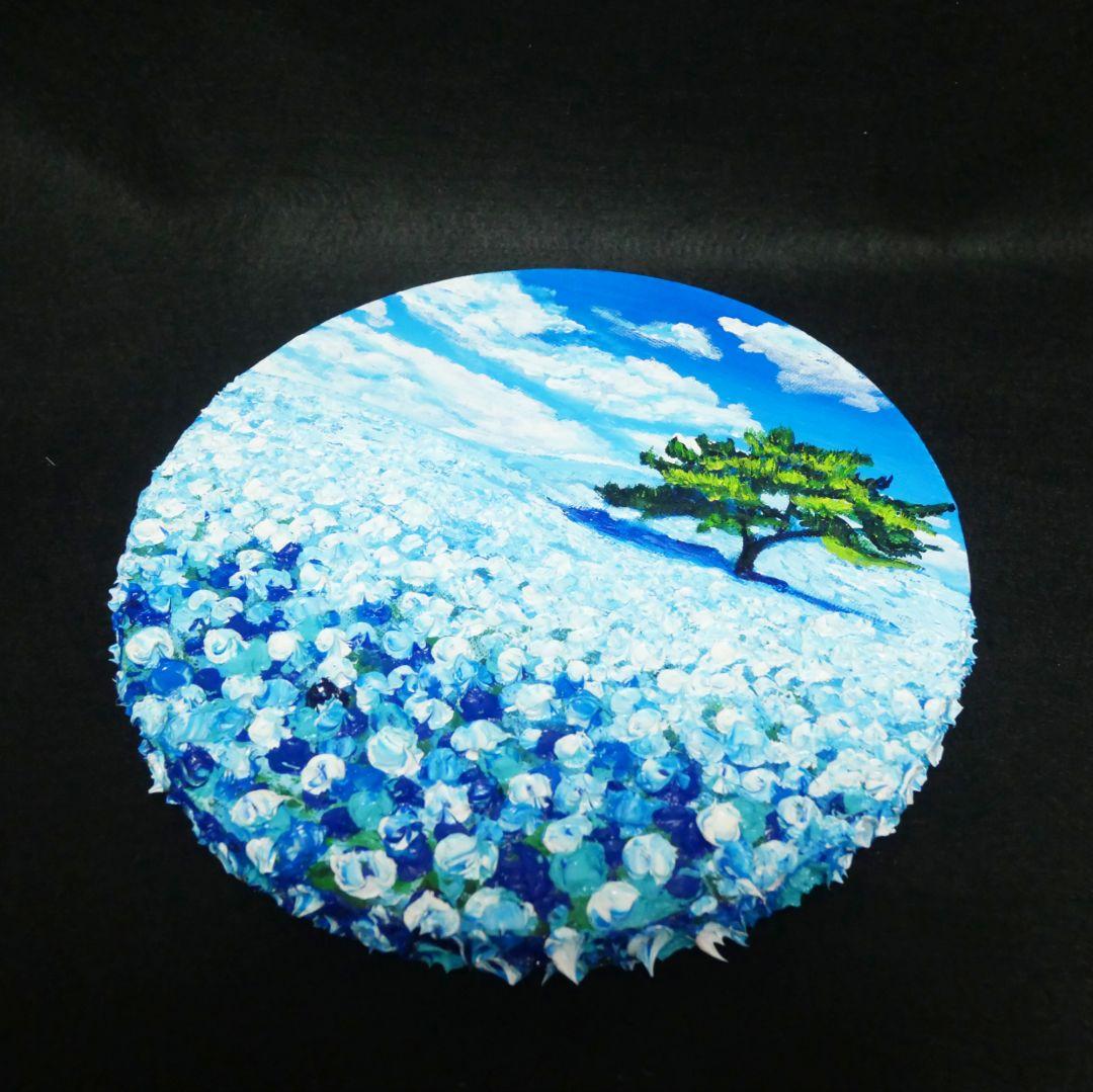 油絵 油彩 油彩画 絵 絵画 円形【ネモフィラの丘】