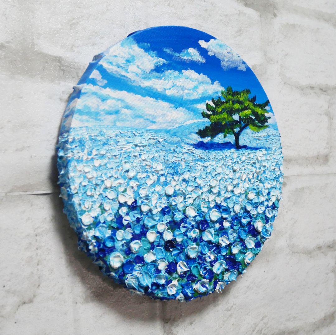 油絵 油彩 油彩画 絵 絵画 円形【ネモフィラの丘】