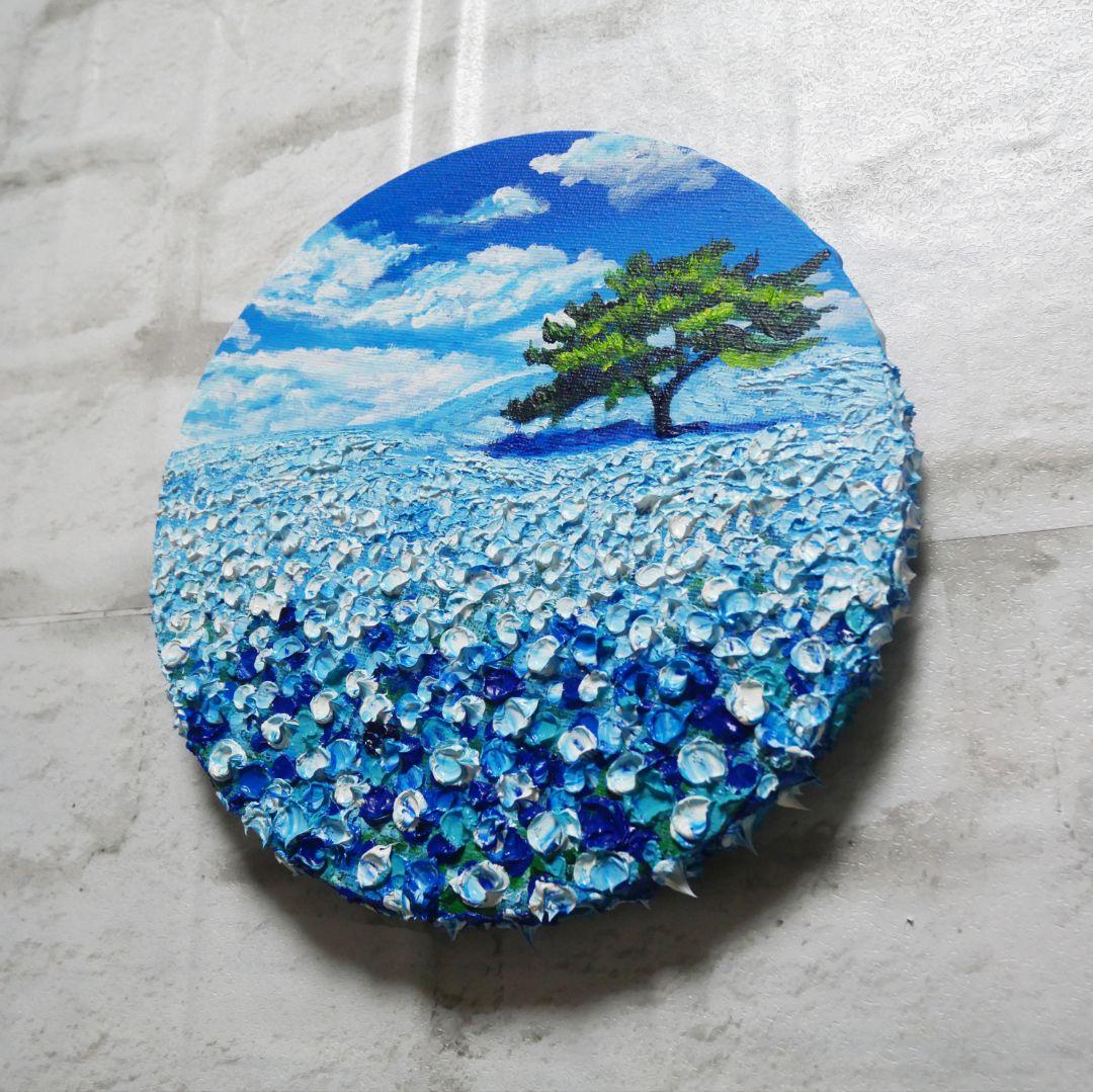 油絵 油彩 油彩画 絵 絵画 円形【ネモフィラの丘】