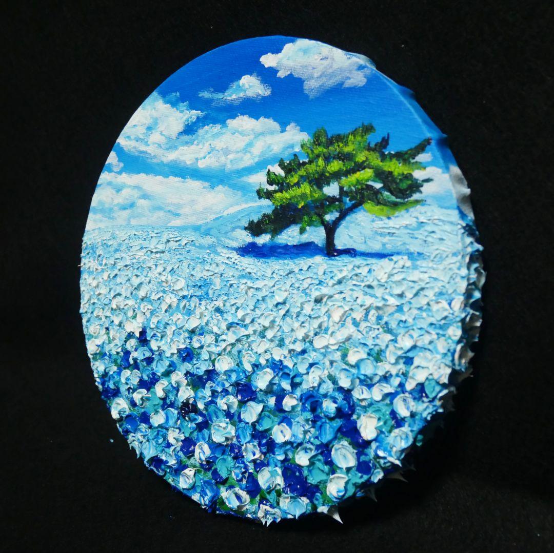 油絵 油彩 油彩画 絵 絵画 円形【ネモフィラの丘】
