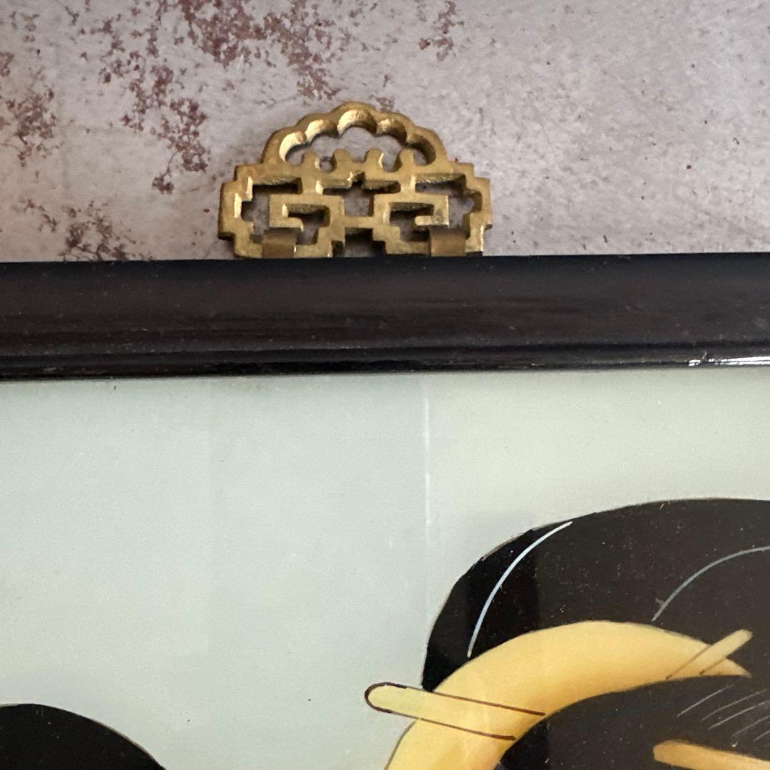 ヴィンテージ　ガラス絵浮世絵 女性の肖像画 木製フレーム付き素敵すぎる‼️