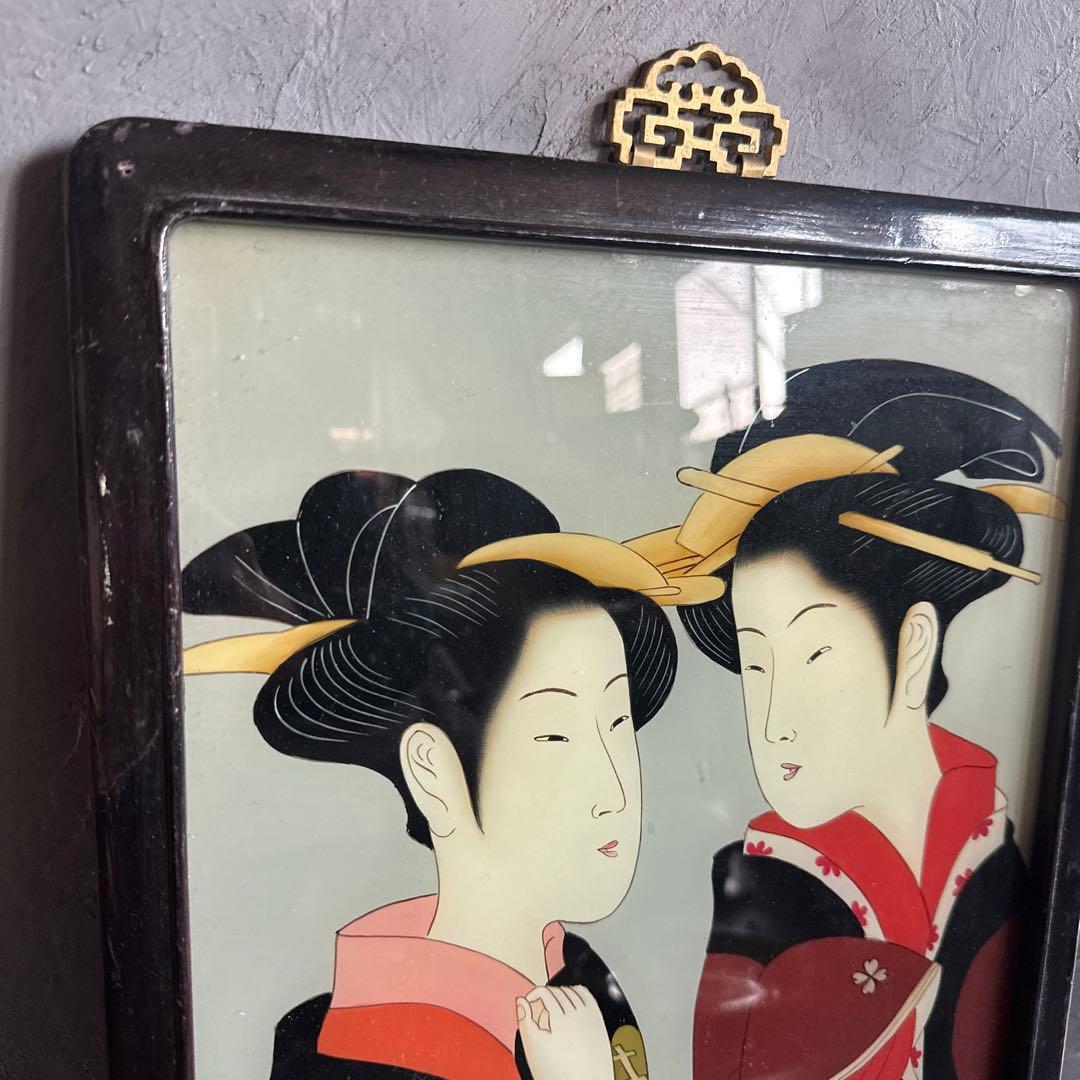 ヴィンテージ　ガラス絵浮世絵 女性の肖像画 木製フレーム付き素敵すぎる‼️