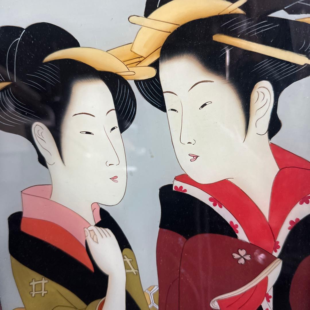 ヴィンテージ　ガラス絵浮世絵 女性の肖像画 木製フレーム付き素敵すぎる‼️