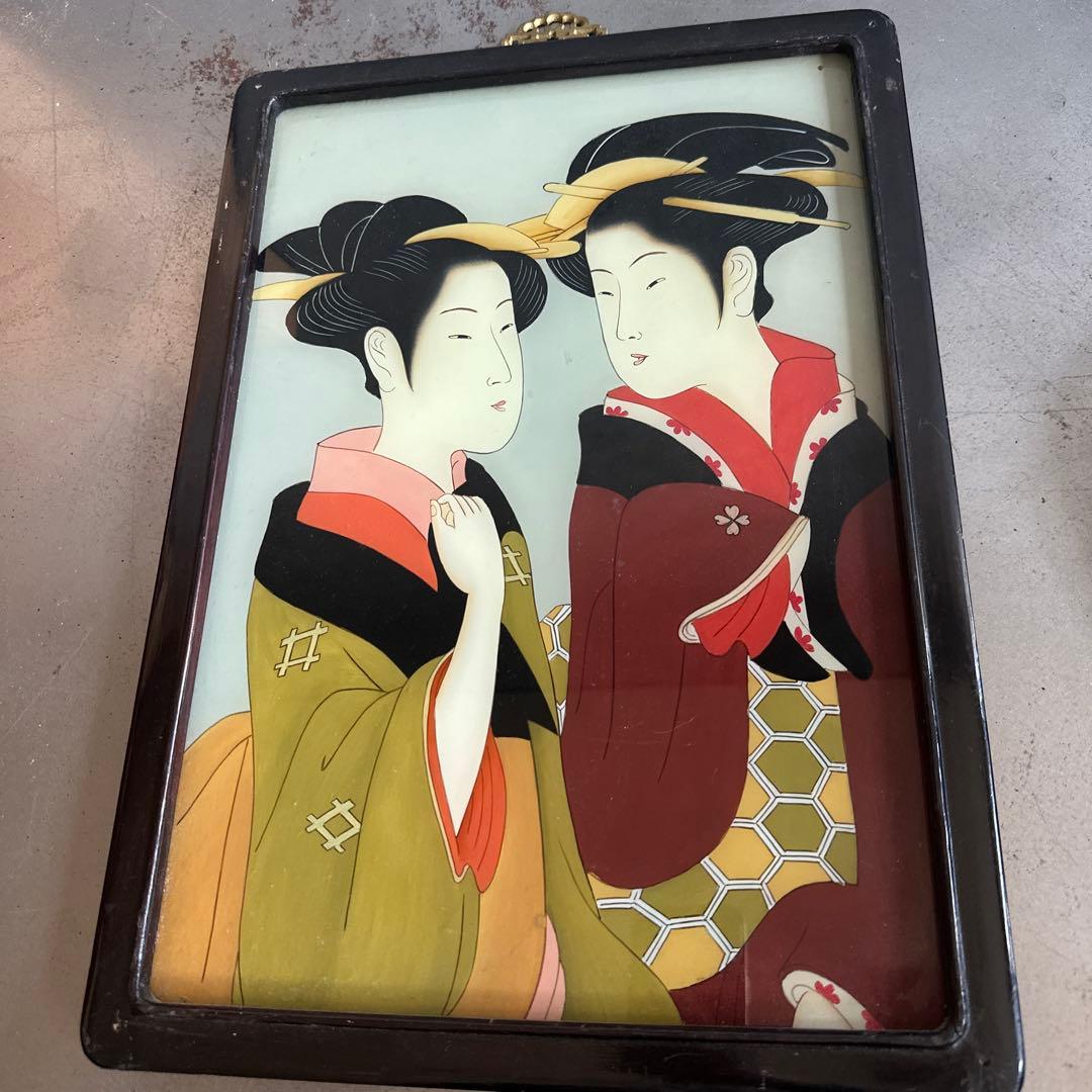 ヴィンテージ　ガラス絵浮世絵 女性の肖像画 木製フレーム付き素敵すぎる‼️
