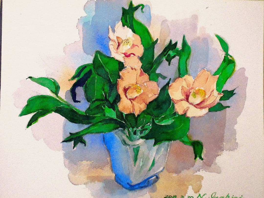 水彩画 (金魚葉の椿)額縁付き