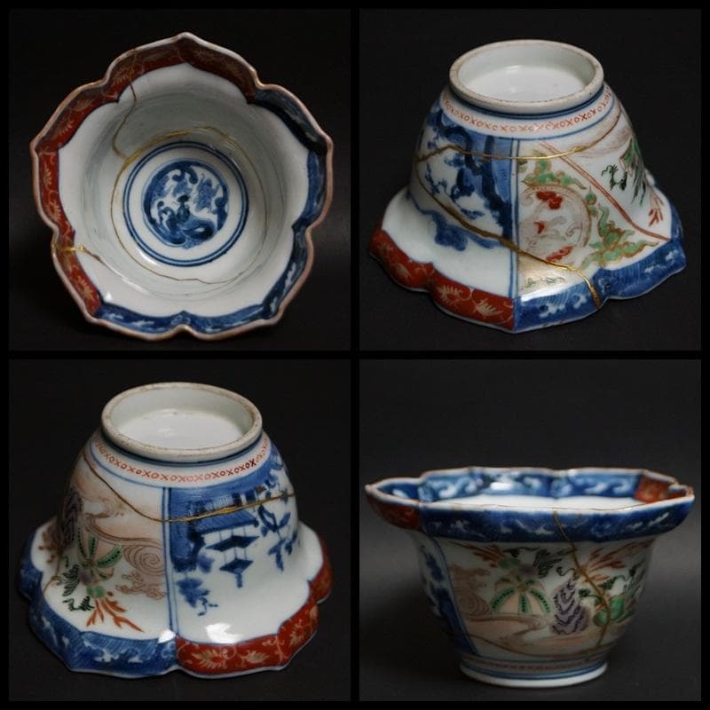 茶道具 古伊万里 色絵『山水風景文』桔梗花形向付 鉢 五客 / 茶事 懐石道具