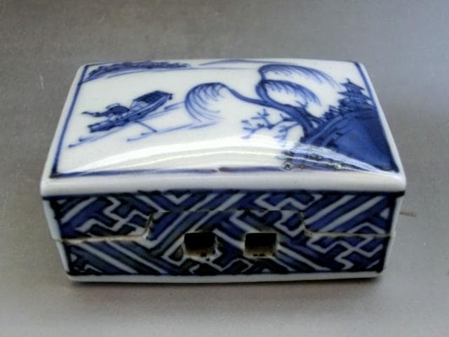 香合■青華山水図「平安北峯」 茶巾盆 平安 北峯白磁染付山水時代物 骨董品■