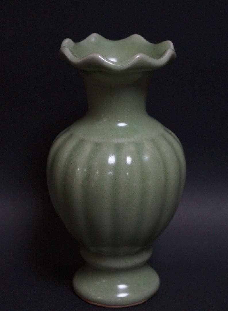 茶道具 明龍泉窯 青磁 花弁口瓜形花瓶 小ぶり花入華道具 唐物★時代物★