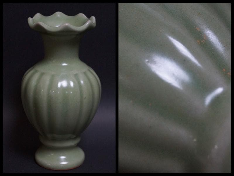 茶道具 明龍泉窯 青磁 花弁口瓜形花瓶 小ぶり花入華道具 唐物★時代物★