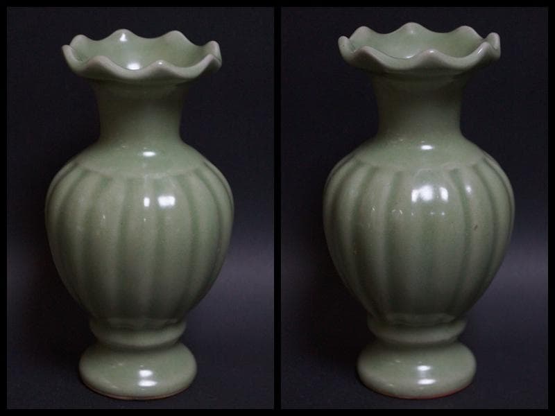 茶道具 明龍泉窯 青磁 花弁口瓜形花瓶 小ぶり花入華道具 唐物★時代物★