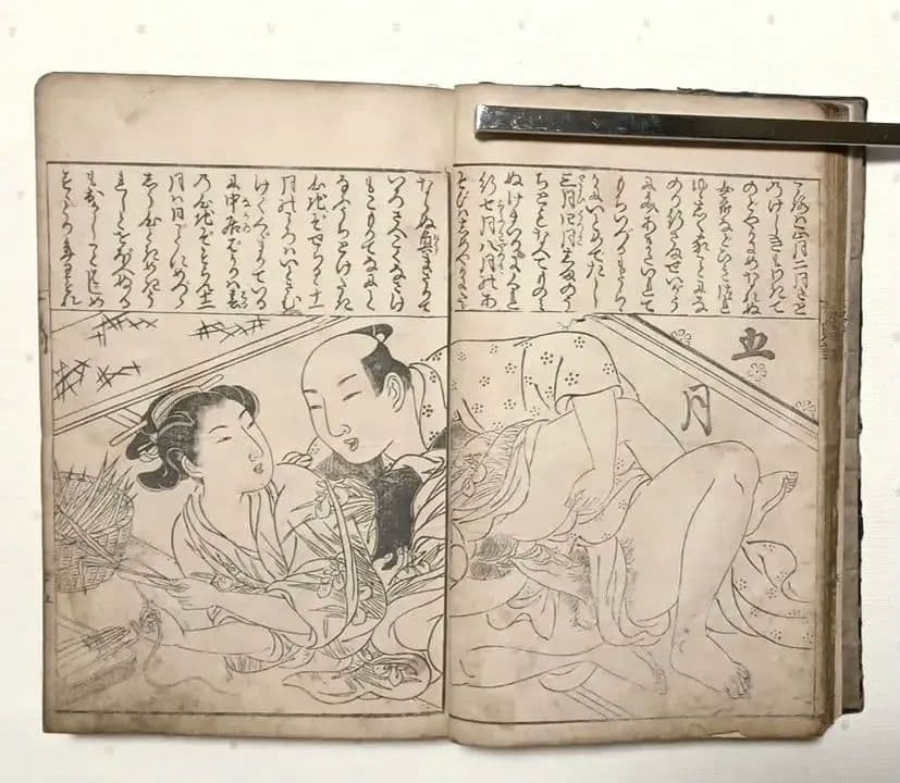 貴重春画大型本黒摺版画、女貞訓下所文庫月岡雪鼎画、明和5年頃出版（1768頃)