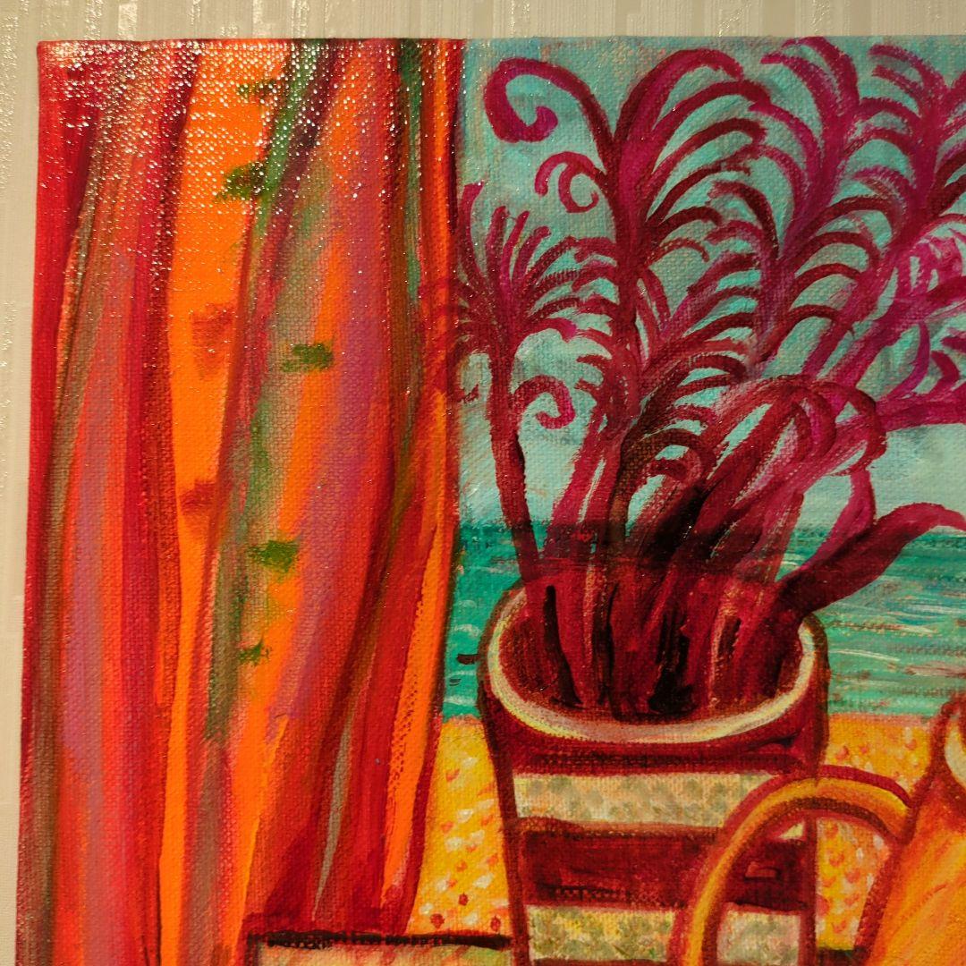 キャンバス油絵　専用　海と砂浜と空が見える窓際のテーブル 　モダンおしゃれアート