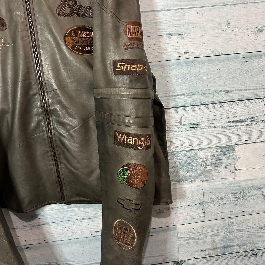 【豪華刺繍】NASCAR レザー シングルライダースジャケット 両面刺繍